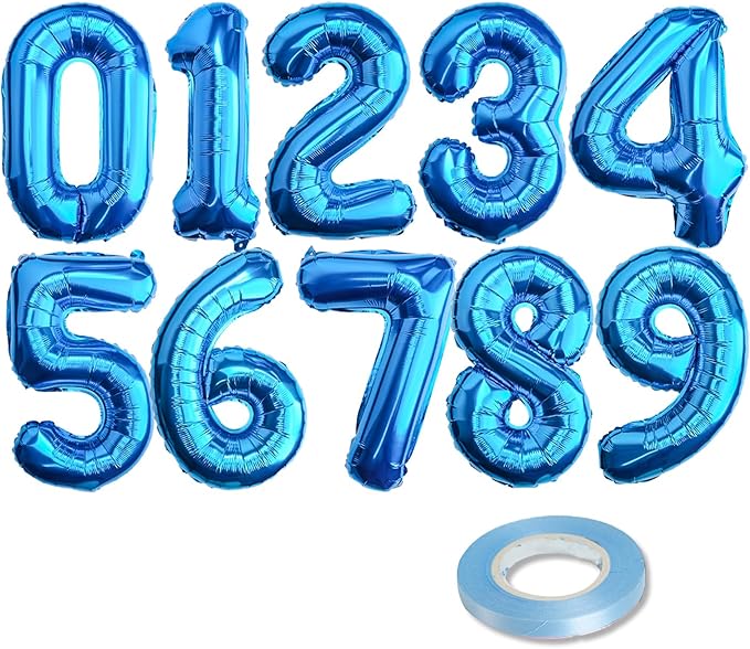 [10] 16" Number Blue Foil Balloons 0-9 set, Mylar Aluminum Hanging Numbers for Graduation Birthday Party Decorations Christmas New Year eve (10 Pcs)