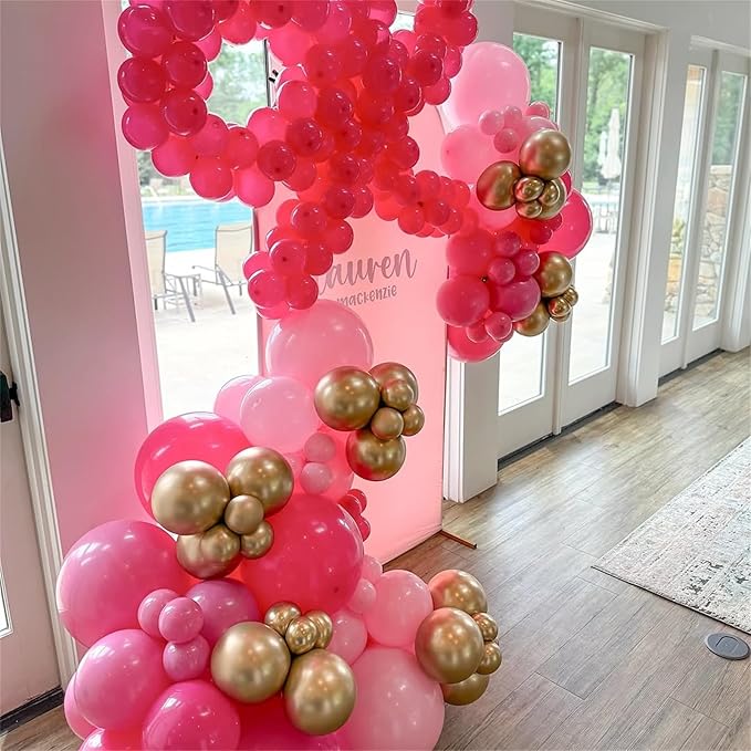 Pink Balloon Arch Garland Kit, Pastel Baby Hot Pink Balloons with Metallic Gold Latex Balloons for Girls Women Birthday Mother's Day Bridal Baby Shower Wedding Anniversary Princess Theme Decorations