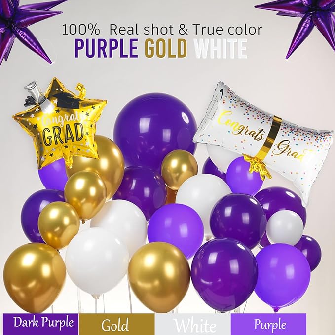 Purple Graduation Decorations 2026 Set of 4 GRAD Balloon Boxes with Balloon Arch Garland Kit mylar balloons Fringe Curtain So Proud of You 2026 prom Graduation kpop Decorations