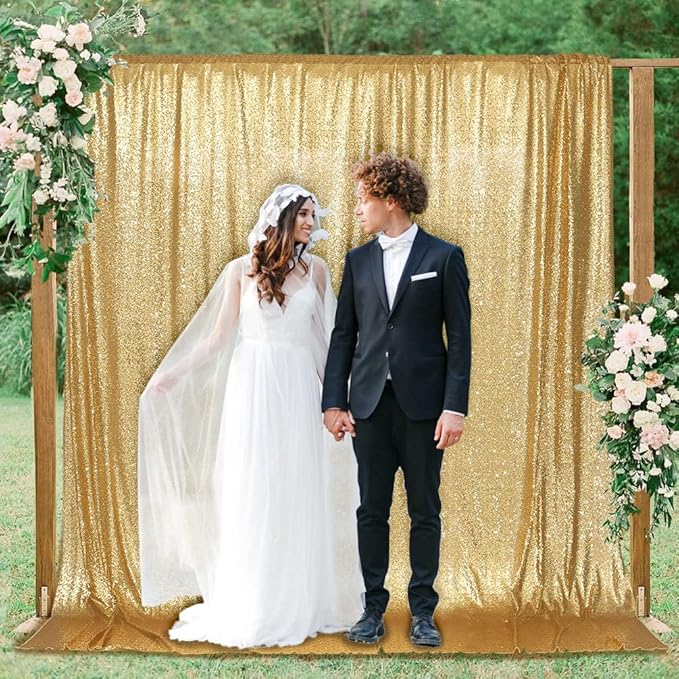 PartyDelight Gold Sequin Backdrop 6x7ft High-Density 3mm Sparkly Photo Background Back Drop Glitter Drape for Wedding, Birthday, and Holiday Party Decorations