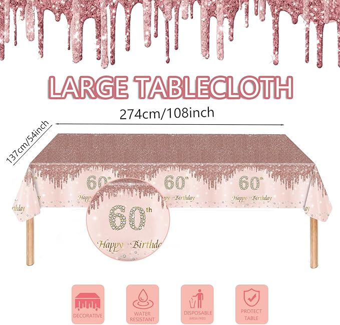 121Pcs 60th Birthday Party Supplies Plates Napkins Cups Forks Tablecloth Rose Gold Happy 60th Birthday Themed Disposable Tableware Decorations Serves 24 Guests for Women 60 Years