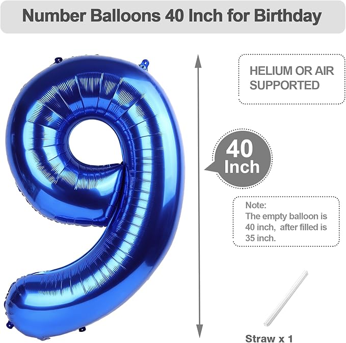 Blue Balloon Numbers 9, Big 40 Inch Happy 9 19 29 90 Birthday for Men And Women, Foil Balloons Decoratins for Wedding Anniversary, Christmas, New Year, Halloween Party Syupplies