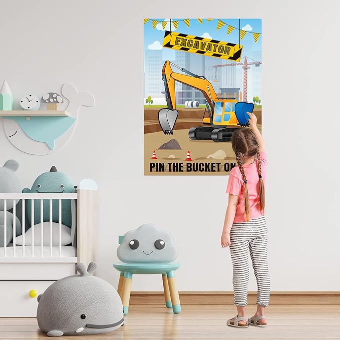 Pin The Bucket on The Excavator Party Games -Construction Themed Birthday Games for Kids Boys with 21'' x 28'' Truck Game Poster, Resuable Stickers Construction Party Supplies Party Favor Sets