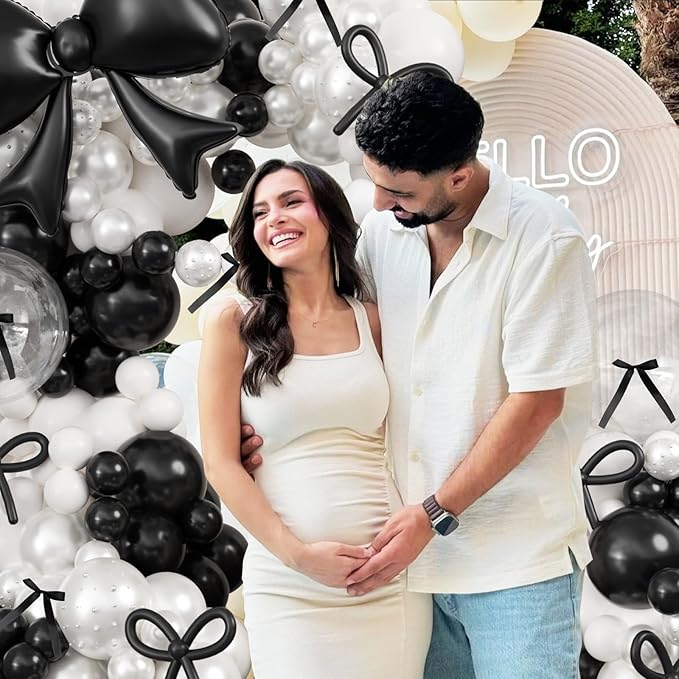 Black and White Balloons Arch Kit,JOGAMS 187Pcs White Black Bow Birthday Party Decorations with Bow Double Stuffed Pearl White Balloons Ribbon Pearl Stickers for Birthday Bachelor Bridal Baby Shower