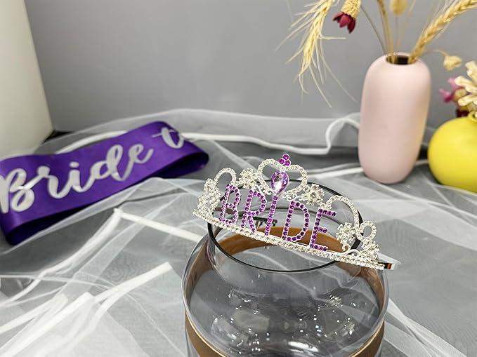 JETKONG 3 Pcs Bachelorette Party Decorations BRIDE Crown, Bride to Be Sash&Veil for Women Bachelorette Party Gifts, Bridal Shower Supplies, Gifts, Favors (Purple)