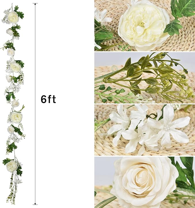 Lvydec Artificial Peony Flower Garland - 6ft Silk Peony White Flower Garland for Wedding Party Table Decoration (White)