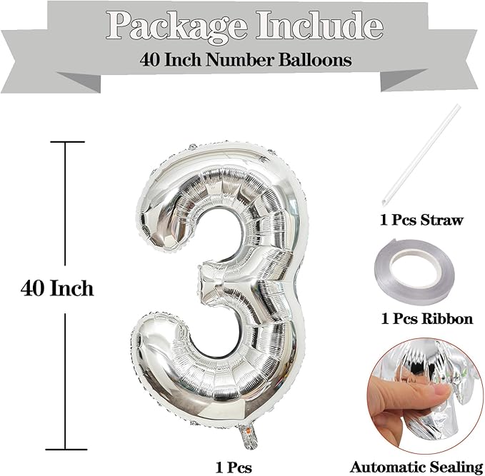 40 Inch Large Silver Number 3 Letter Balloon, Alphabet Letter Mylar Foil Helium Big Number Balloons for Birthday Anniversary Party Graduations Festival Decorations