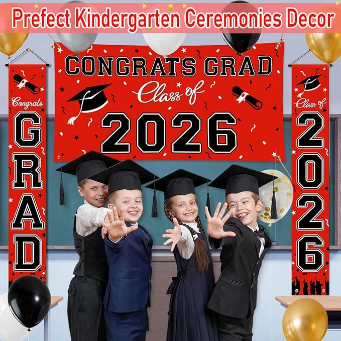 WOHOHOHO 23Pcs Graduation Decorations 2026 Set, Red Porch Door Sign GRAD Banner, Class of 2026 Backdrop, 5 Colors Large Balloons, Hanging Party Supplies for High School College Indoor Outdoor Decor