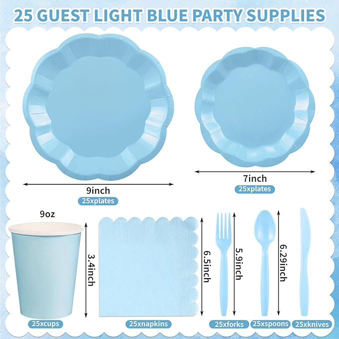 175 Pcs Light Blue Plates and Napkins Set, 25 Guest Blue Supplies Include Scalloped Easter Plates Napkin Cup Forks Knives Disposable Plastic Cutlery for Wedding Boy Baby Shower Birthday Banquet
