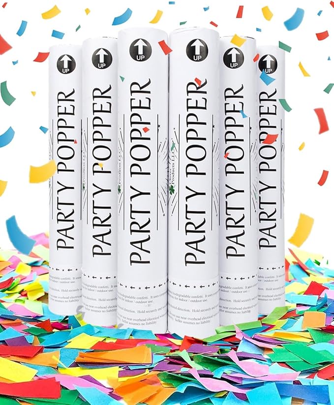12" Biodegradable Confetti Cannons | 6 Pack Confetti Poppers for Weddings, Birthdays & Parties | Air-Powered Party Poppers Shoot 25 Feet | Safe for Indoor & Outdoor