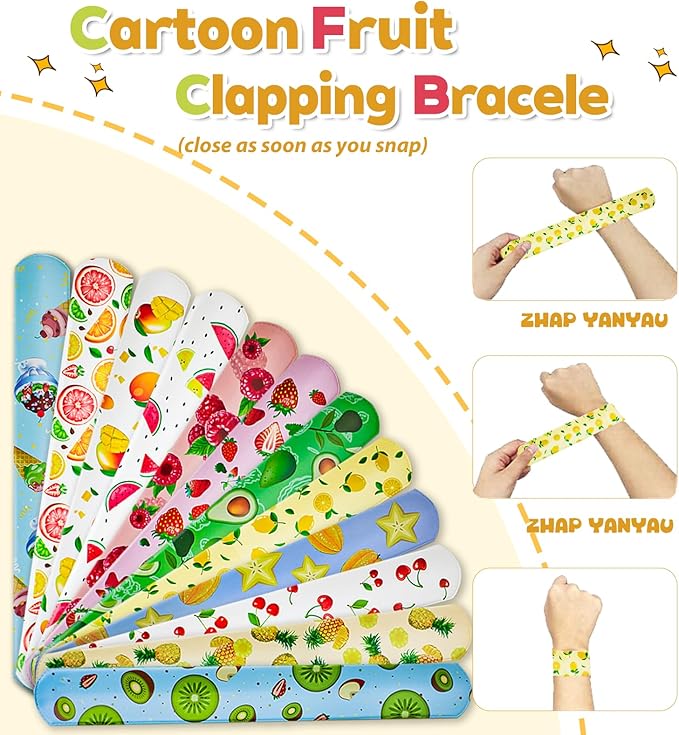 74PCS Fruit Slap Bracelets&Stickers Summer Fruit Theme 24PCS Slap Bracelets 50PCS Stickers Party Favors Basket Bag Filler School Prizes Gifts Party Favors Bulk