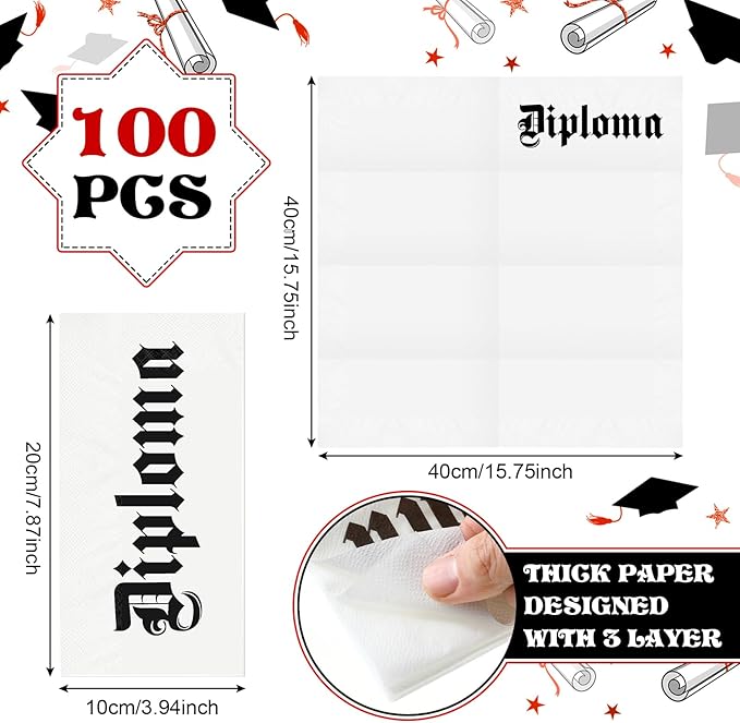 100 Set Graduation Diploma Guest Napkins Red Black and White Rolled Silverware Disposable Grad Award Dinner Napkin with Ribbon and Scissors for Celebration (diploma, Red, 100 Pcs)