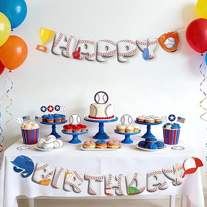 Baseball Happy Birthday Banners Baseball Happy Birthday Bunting Decorations Sports Banner for Kids Boys Sports Themed Party Carnival Party Decorations Supplies