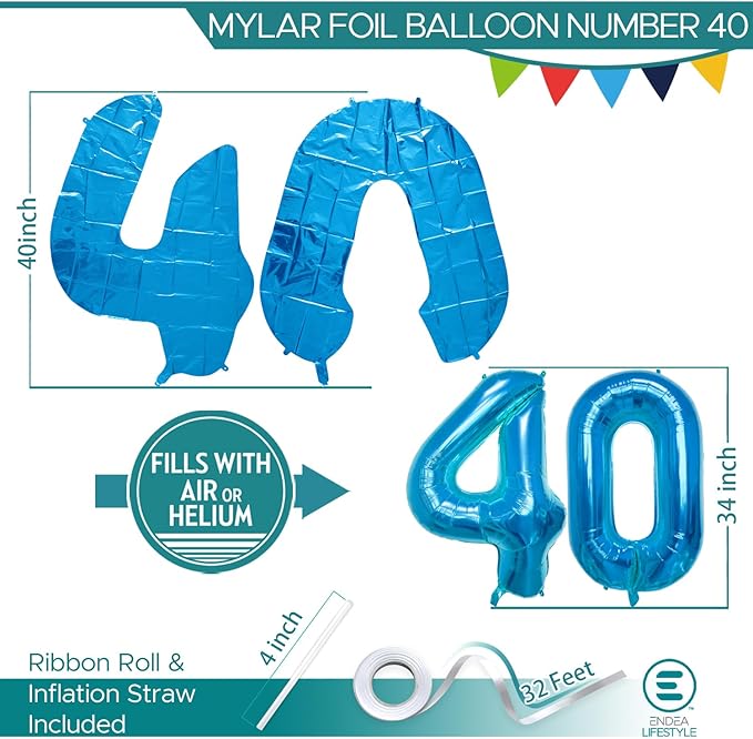40 Inch Large Blue Number Celebration and Decoration Balloon for Birthday Parties, Graduations, Anniversaries, Weddings, Photo Shoots, Special Events - Helium Foil Mylar (Blue Number 40)