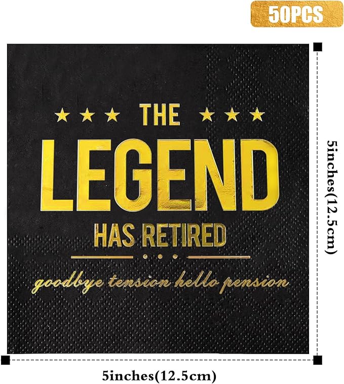 The Legend Has Retired Cocktail Napkins, 50 Pack 3-Ply Retirement Party Decorations Supplies, Black & Gold Disposable Napkins for Farewell,Coworker Goodbye & Going Away Celebration (5"x5")