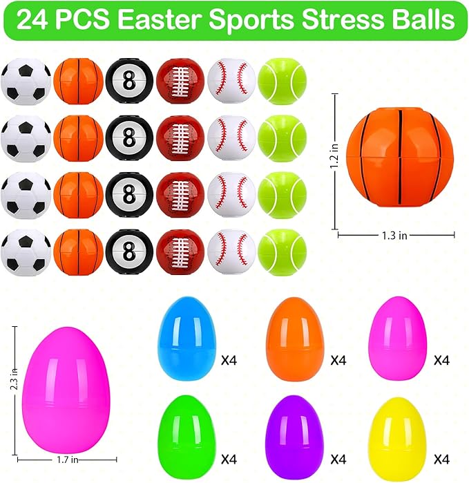 24 Pack Easter Egg Fillers with Fidget Spinner Sports Balls Toy, Easter Eggs Hunts Filling Soccer Baseball Easter Basket Stuffers Squeeze Stress Relief Toys for Kids Toddler Teens Boys Girls