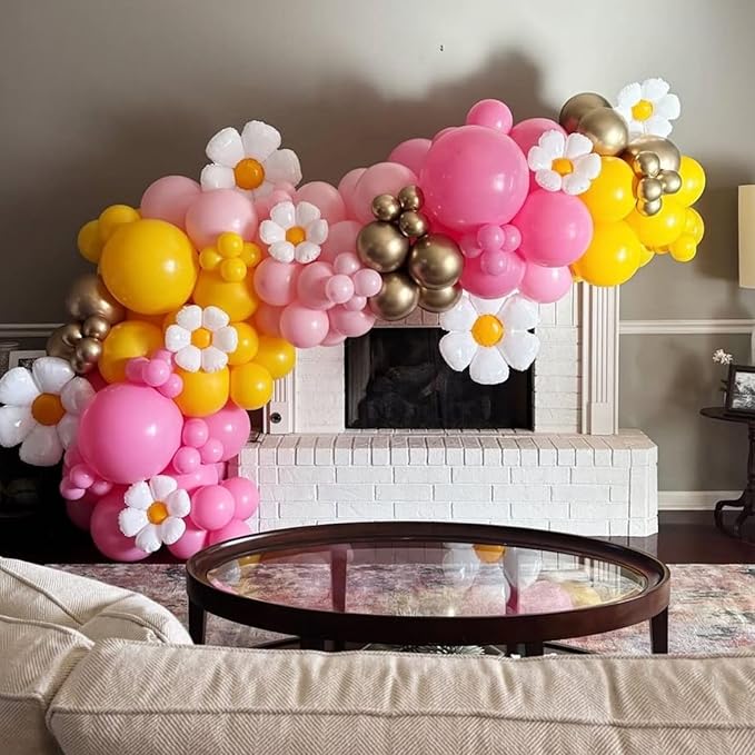 Yellow Pink Balloon Garland, Daisy Balloon Arch with Metallic Gold Party Flower Balloons For Birthday Baby Shower Wedding Groovy Theme Decorations