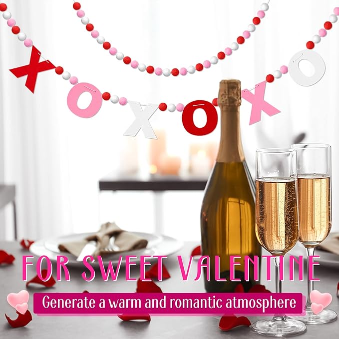 Breling 3 Pieces Valentine's Day Garland Felt Ball Garland, 10ft Pompom Valentines Decorations Banner for Mantle Fireplace Room Valentine Hanging Decor (Pink, XOXO)