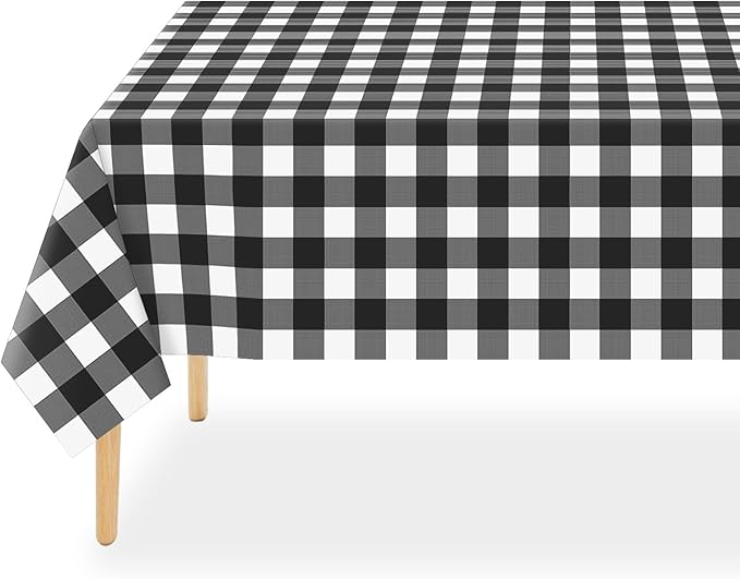 QIKSION Black Gingham Tablecloth Disposable 6 Pack, 54 x 108 Inch Black and White Checkered Table Cloth for Picnic, Outdoor BBQ Decorations, Birthday Party Supplies, Rectangle, Plastic Table Cover