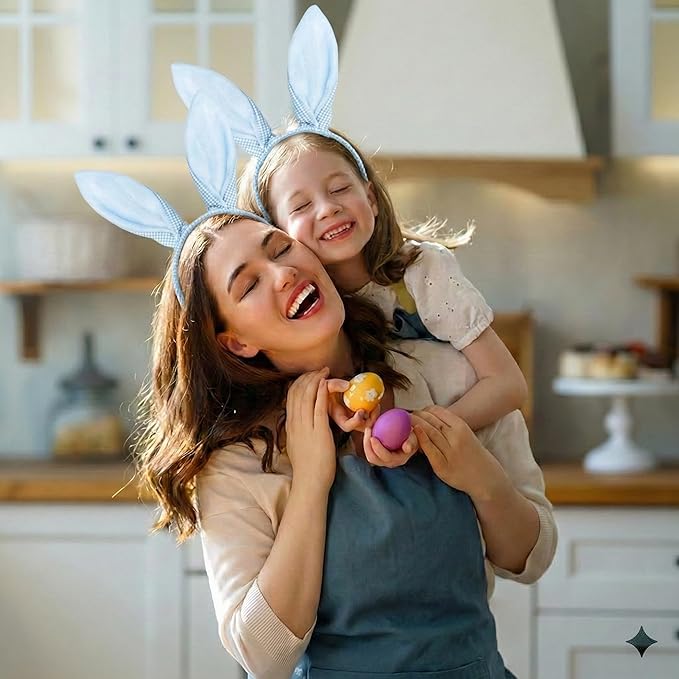 Blue Bunny Ears Headband, Cute Blue Plaid Easter Bunny Ears Headband for Easter Accessories for Women