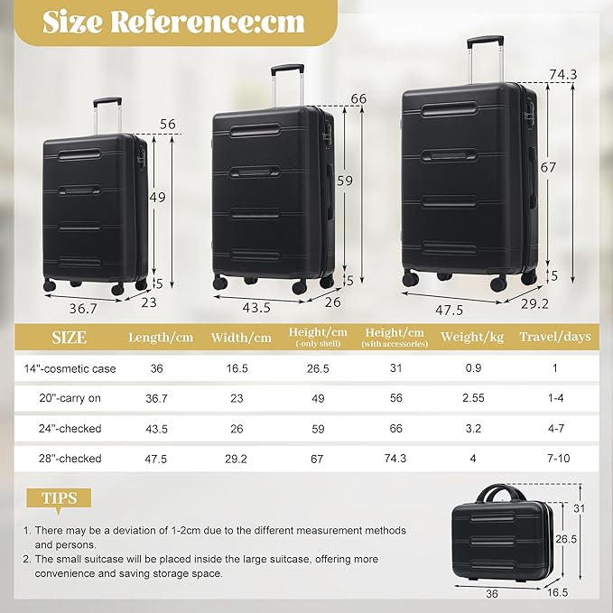 6 Pcs ABS Hardshell Luggage Set Spinner Wheel Suitcase Suitcase All Black