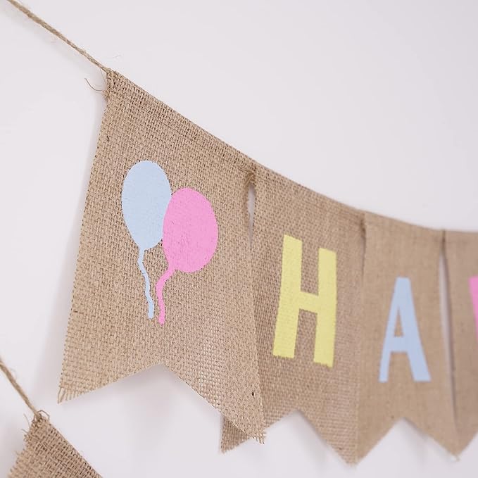 HUIHUANG Happy Birthday Burlap Banner - Colorful Pastel Bunting Banner Garland Flags for Rustic Birthday Party Decorations