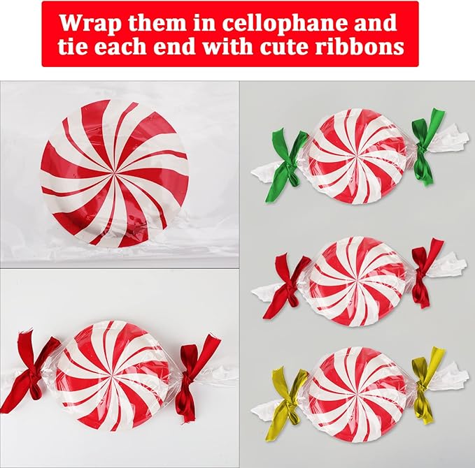 Wiooffen 80Pcs Christmas Peppermint Candy Paper Plates Party Supplies Decorations Candy Mint for Happy New Year Holiday Xmas Peppermint Party Supplies Red and White Striped Disposable Paper Tableware