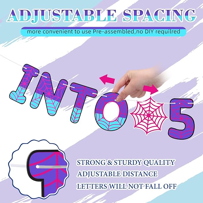 TaoBary Spider Theme 5th Birthday Banner, Pre-strung Swinging into 5 Banner, Spider 5th Birthday Decorations Party Supplies for Kids, Fifth Decor for 5 Year Old Boys Girls(Pink and Purple)