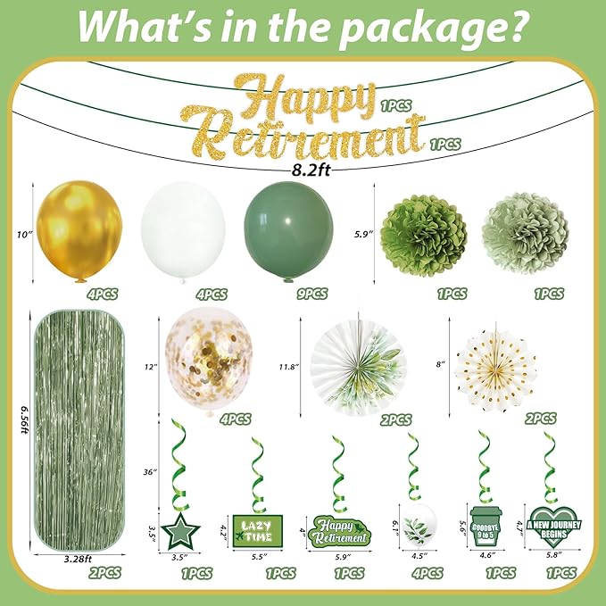 40PCS Retirement Party Decorations Sage Green Happy Retirement Banner Paper Fans Foil Curtains Hanging Swirls Tissue Pom Poms Balloons Decor