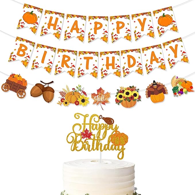 Fall Thanksgiving Happy-Birthday Party-Decorations Banner - 2pcs Orange Garland,Autumn Pumpkin Turkey Flowers Maple Leaves Hanging Swirls Streamers Decor Panduola
