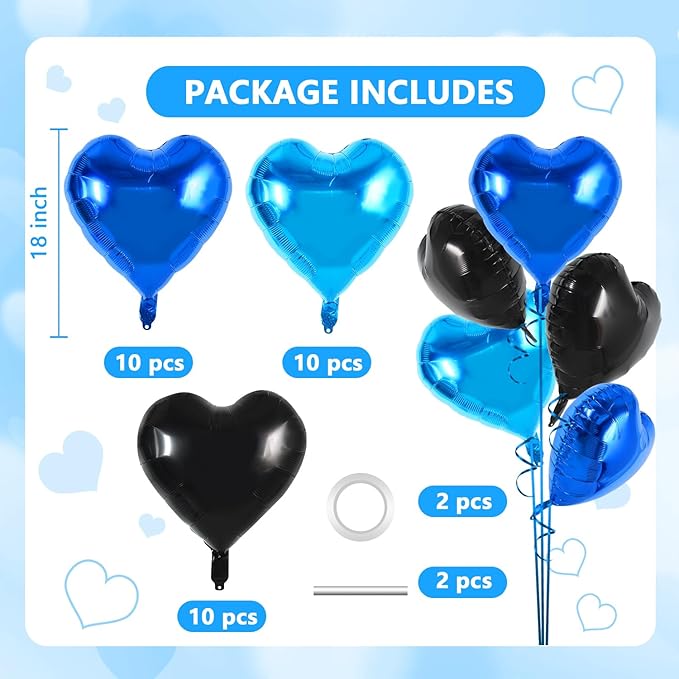 TONIFUL 30Pcs 18 Inch Blue Navy Blue Black Balloons Heart Shape Foil Mylar Banners Decoration for Birthday Valentine's Day Wedding Bridal Shower Anniversary Engagement Party Supplies