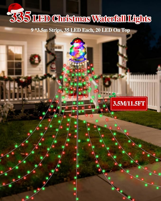 Christmas Waterfall Outdoor String Lights, Christmas Tree Lights with Topper 335 LED 11.48ft 9 Strands, 8 Lighting Modes Holiday New Year Decoration Lights for Wedding Yard Party Home Indoor Decor