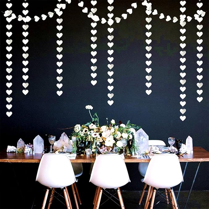 White -Silver Disco Party-Decoration Heart Garland - 52ft Birthday New Years Eve Hanging Backdrop Streamers,Graduation Engagement Wedding Bachelorette Winter Christmas Banner Decor Lasting Surprise