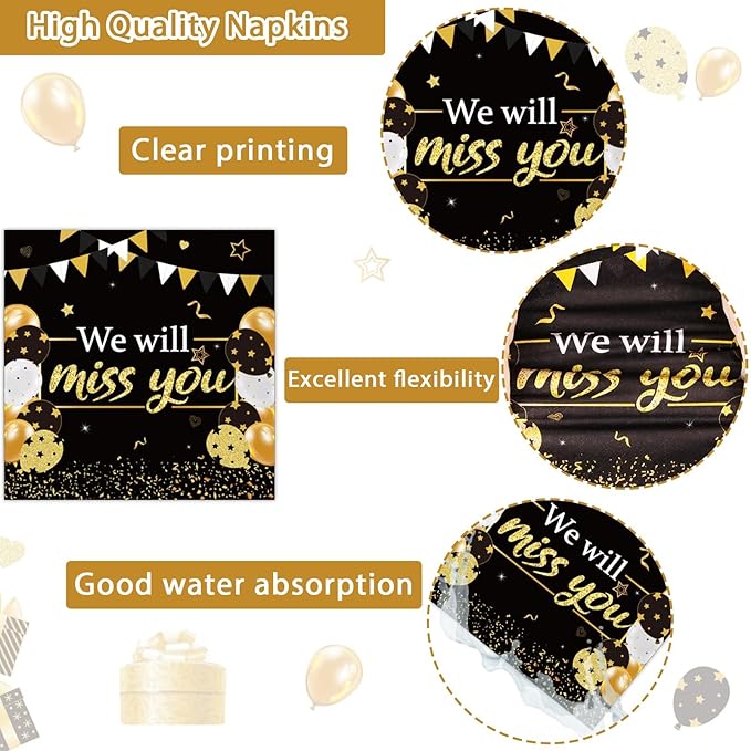 96pcs We Will Miss You Party Paper Plates Napkins Farewell Party Decoration Going Away Party Disposable Dinner Tableware Gold Black Goodbye Party Supplies Graduation Leaving Retirement Party 24 Guests