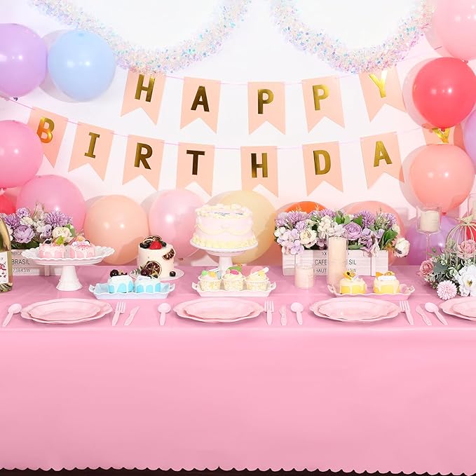 3 Pack Plastic Pink Tablecloth, 54 X 108Inch Party Table Cloth Scalloped Mother's Day Tablecloths for Rectangle Tables Disposable Table Cover for Birthday Baby Shower Tea Party Wedding Bridal Picnic
