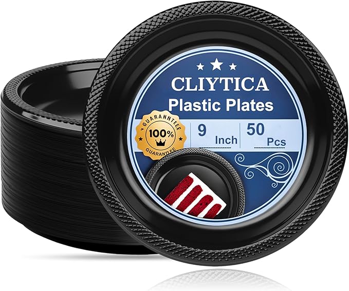 50Pcs Black 9 Inch Disposable Plastic Plates for Party, Black Party Plate Set for 50 Guests, Plastic Party Supplies Dinnerware for Graduation, Retirement, Birthday, BBQ