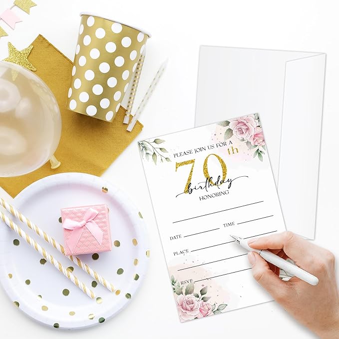 70th Rose Birthday Invitation for Women, Birthday Invitation With Envelopes, 70 Years Old Birth Invites for Adult, 20 Pcs Birth Invite Cards Party Celebration Supplies /05