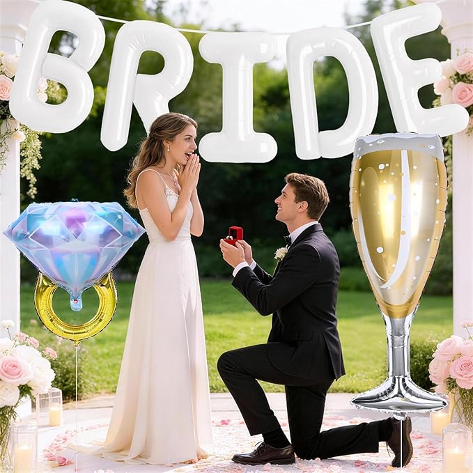40inch White Bride Balloons Bachelorette, Bride To Be Bridal Shower Balloon Diamond Ring Champagne Glass Foil Balloon for Bachelorette Bridal Shower Engagement Wedding Hen Night Room Party Decorations