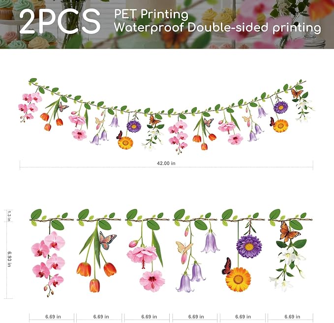 2PCS Flower Banner Reusable Wildflower Garland Floral for Spring Party Enchanted GardenTheme Picnic Wedding Baby Shower Birthday Tea Party Supplies Home Decorations (Pink-Smaller)