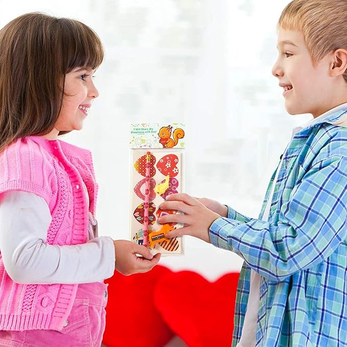 Valentine's Day Gifts for Kids Classroom - 28 Packs Super Value Stationery Kit, Cards, Pencils, Erasers, Pen Sharpeners, Holders, Exchange Party Favors Toys
