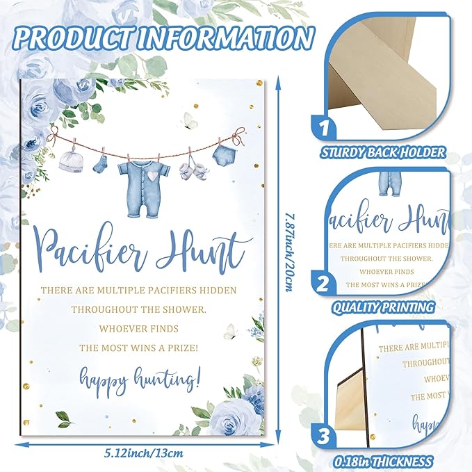 Whaline 51 Pcs Pacifier Hunt Baby Shower Game Include Watercolor Baby Clothes Wooden Sign 50 Blue Plastic Pacifier for Gender Reveal Party Favor Gift Supplies