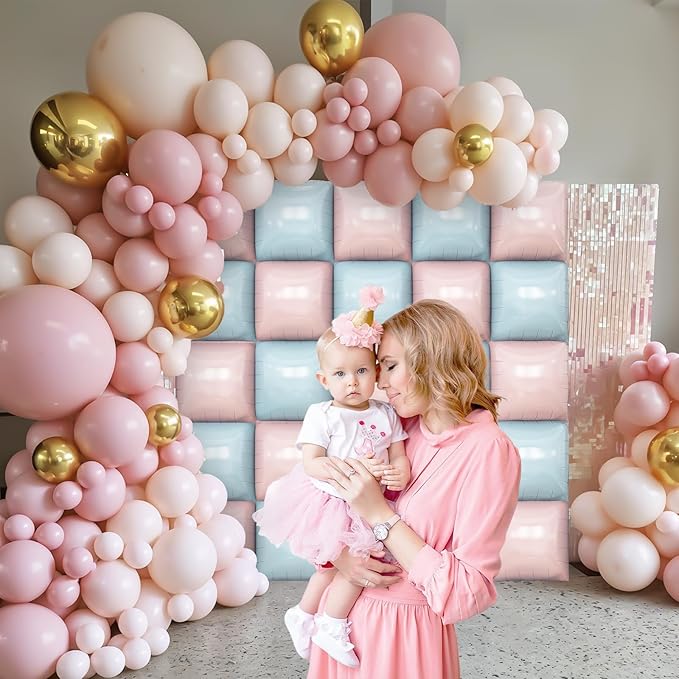 Pink and Blue Square Foil Balloons Wall, 25PCS Double Sided Pastel Cream Pink Blue Balloons Tunnel Arch Kit Backdrop for Boy or Girl Gender Reveal Decorations Birthday Party Baby Shower Decorations