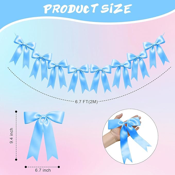 2 Strings of 16PCS Blue Bow Garlands Banner Decoration,Pre-Strung Satin Ribbon Ornaments for Birthday,Bachelorette Party,Bridal Shower,Wedding,Engagement,Baby Shower,Graduation Decor,Anniversary