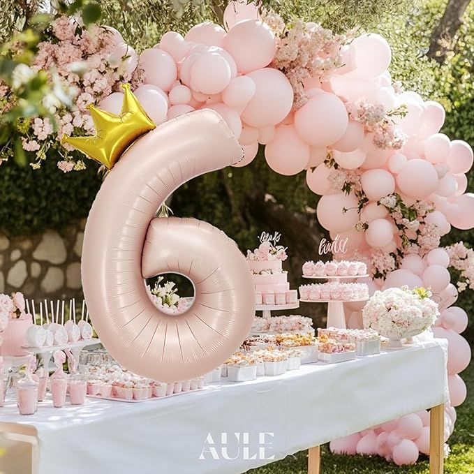 AULE 40 Inch Big Pink 6 Balloon Number with Crown Large Foil Helium Number Balloons 0-9 Jumbo Giant Happy 6th Birthday Party Decorations Huge Mylar Anniversary Party Supplies