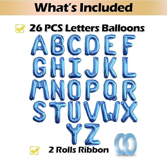 [26 Pcs] 16" Letter Blue Foil Balloons A-Z set, Mylar Aluminum Hanging Alphabet for Graduation Birthday Party Decorations New Year eve