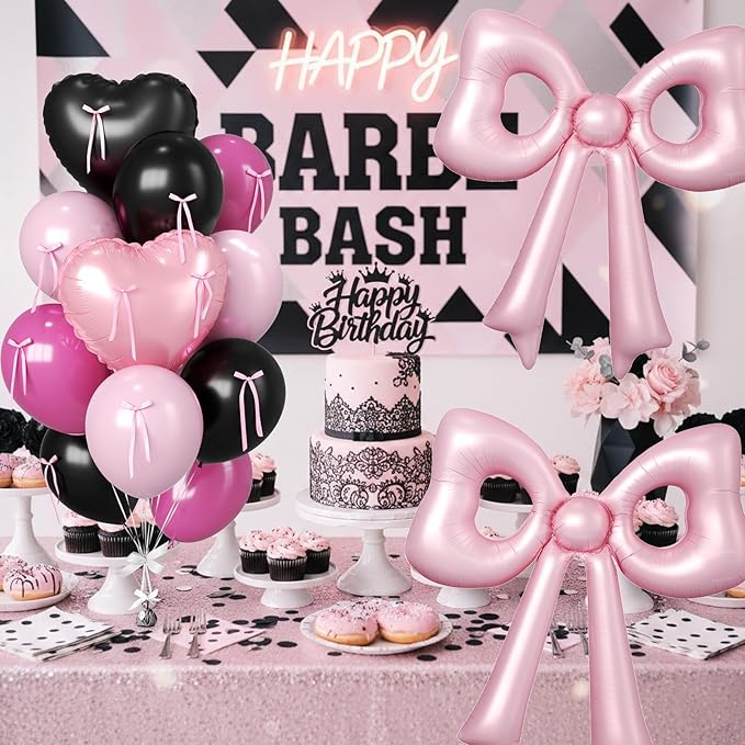 Pink and Black Heart Balloons, 38 Inch Bow Balloons, Black Hot Pink Pastel Balloon with Bow Ribbons for Women Birthday Anniversary Wedding Bridal Baby Shower Valentines Day Decorations