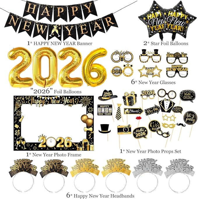 Happy New Years Decorations 2026, New Year Eve Party Supplies Kit Included Foil Curtains Banner Photo Frame Headband Glasses NYE New Year Party Glasses Foil Ballons Party Favor Decor