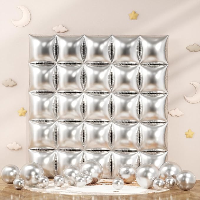 152PCS Chrome Silver Square Foil Balloons Backdrop Wall, Double Sided Tunnel with Metallic Silver Balloon Arch Garland Kit for Graduation Disco Birthday Party Decorations