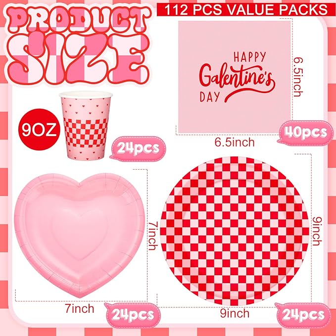 Zhehao 112 Pcs Galentine's Day Party Supplies Set for 24 Guests 9 Inch 7 Inch Paper Plates 9 oz Cups Napkins and Cutlery Pink and Red Plaid Ladies Celebration Party Decor Women Supplies