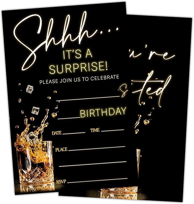 Shhh It's A Surprise Birthday Party Invitation Cards for Adults Women Men, Black Gold Birthday Celebration Party Invite Cards Supplies, 20 Double-Sided Fill In Invites With Envelopes -15